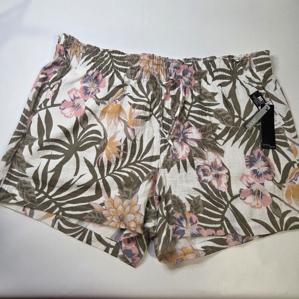 Women's muslin gauze floral pull-on shorts tropical palm leaf 2xl NWT